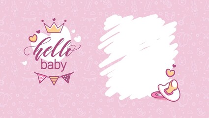 Baby shower invitation template. Hello baby girl vector illustration. Birth party background.