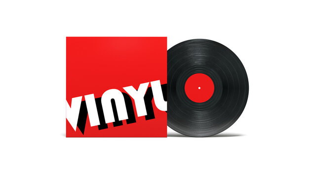 disque vinyle devant sa pochette sur fond blanc