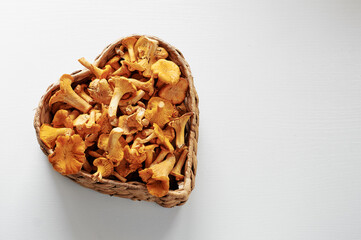 Vegetarian cuisine.Busket of chanterelle mushrooms.