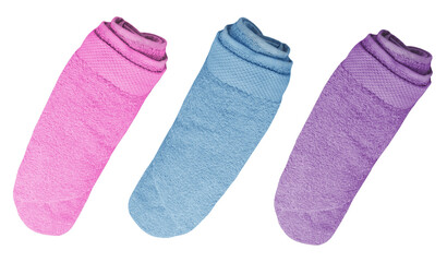 Set of clean soft towels on white background