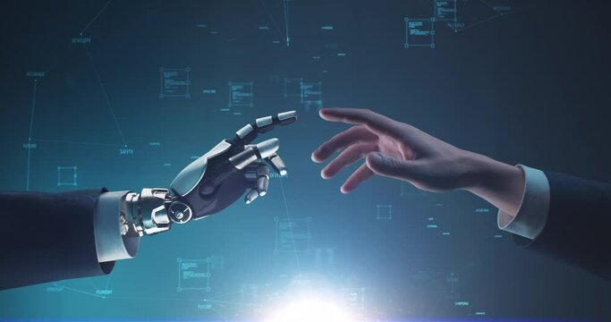Human and robotic hands reaching to each other
