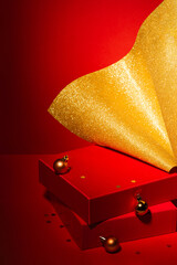Empty Red podium with gift boxes, gold Christmas decor Red background.