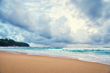 Stormy weather. Beautiful seascape with cloudy sky.