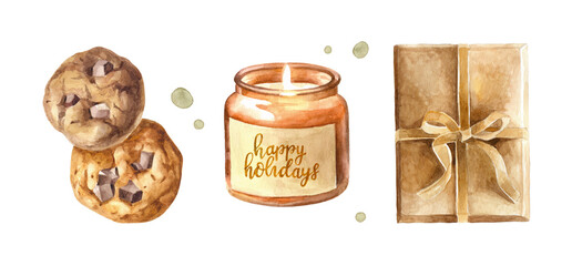 A set of hand-drawn elements on a white background. Watercolor illustration, painting. Aroma candle in a beautiful glass jar, wrapped gift, homemade cookies with chocolate. Festive cozy atmosphere.