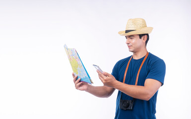 Lifestyle adventure leisure travel concept. Confident handsome traveler young man wear blue casual and hat with camera holding map and smartphone own hand while standing over isolated white background