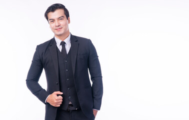 Business success concept. Confident positive handsome businessman project manager, lawyer, director, groom, marketing, gentleman wear black suit standing over isolated white background.