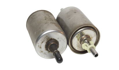 fuel filters pair, old and new, with plastic caps on universal fits to prevent gasoline leak from dismantled one. isolated on white background