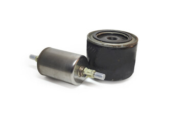 fuel and oil filters in metal housings. clips for fixing fuel lines, holes for filling filters. isolated on white background, with clipping path