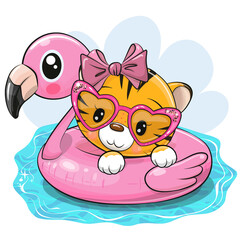 Tiger girl in swimming on pool ring inflatable flamingo