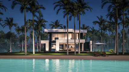 3d rendering of modern cozy house with pool and parking for sale or rent in luxurious style by the sea or ocean. Starlight night by the azure coast with palm trees and flowers in tropical island