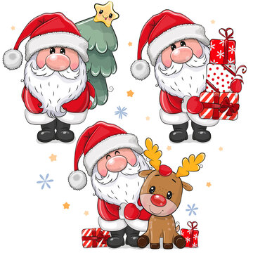 Set with Cute Cartoon Santa Claus on a white background