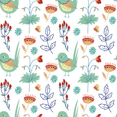 Seamless vector pattern with birds, flowers and butterflies on isolated background.Decorative,festive,repeating,bright print in flecked style.Design for textiles,wrapping paper,packaging,fabric.