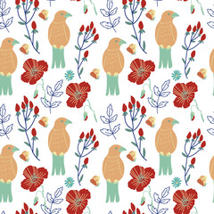 Seamless vector pattern with birds, flowers and butterflies on isolated background.Decorative,festive,repeating,bright print in flecked style.Design for textiles,wrapping paper,packaging,fabric.