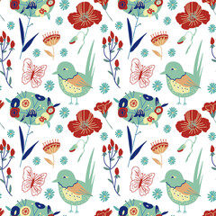 Seamless vector pattern with birds, flowers and butterflies on isolated background.Decorative,festive,repeating,bright print in flecked style.Design for textiles,wrapping paper,packaging,fabric.
