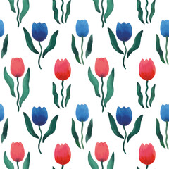 Floral pattern with spring flowers tulips. Watercolor vector illustration