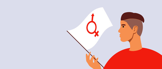 Bigender person with flag, copy space template, Flat vector stock illustration with Non-binary person with place for text to overlay