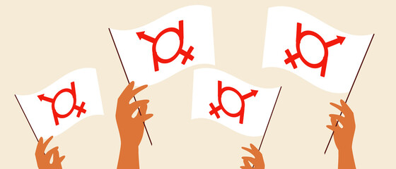 Genderfluid flag, people hands isolated, flat vector stock illustration with non-binary people together and hands with gender symbol