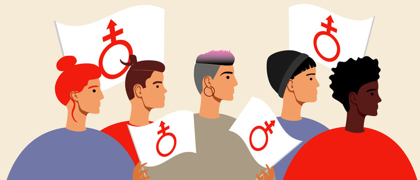 Androgyne people with flag, androgyne symbol, Flat vector stock illustration with People of different gender or Crowd or LGBTQ + group
