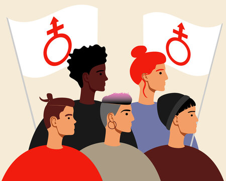 androgynous people, LGBTQ community with flag, Flat vector stock illustration with non-binary persons together as androgynous symbol