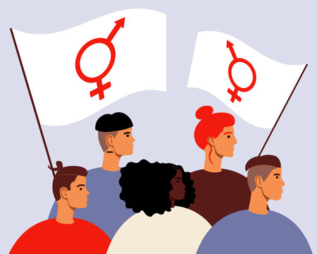 Bigender people, LGBTQ community with flag, Flat vector stock illustration with Non-binary persons together as bigender symbol