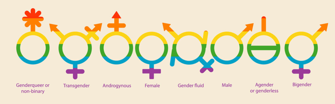 Different gender isolated, set with text, Flat vector stock illustration with gender as LGBTQ + symbol, transgender, non-binary person, agender, androgyne, genderqueer