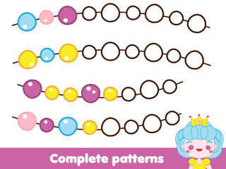 Complete patterns. Educational game for children. Drawing activity for kids. Color patterns
