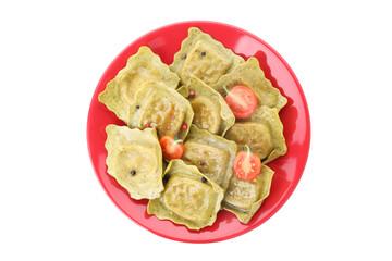Plate with delicious ravioli isolated on white background