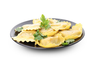 Plate with delicious ravioli isolated on white background