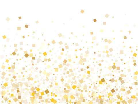 Yellow gold confetti sequins sparkles flying on white. Luxurious New Year vector sequins background. Gold foil confetti party glitter pattern. Many particles surprise backdrop.