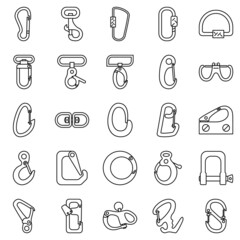 A carabiner for a rope, a clip for a rope, a clasp for jewelry. Equipment for tourists, climbers. A set of vector icons, offline, isolated. - obrazy, fototapety, plakaty
