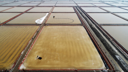 Workers drive machinery to produce labor in salt fields, North China