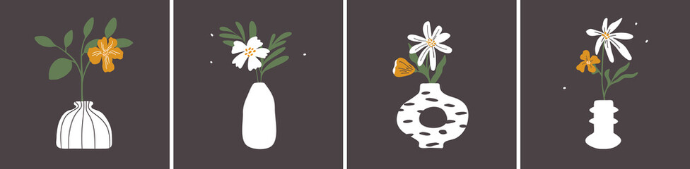 Set of white stylish interior vase on black background. Flowers in modern design jugs. Ceramic art vases abstract shape. Home trendy style decor. Floral bouquet, flower. Poster, vector illustration - obrazy, fototapety, plakaty