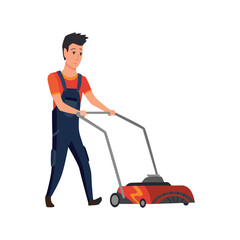 Professional gardener worker mowing lawn with electric push-mower in backyard. Male handyman cutting grass in garden. Colored flat cartoon vector illustration professional worker