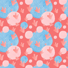 Watercolor seamless pattern with abstract shapes on red isolated background. Decorative, festive, repeating, bright print in flecked style.Design for textiles, wrapping paper, packaging, fabric.