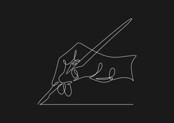 Hand painting with brushes continuous line drawing minimalist. Vector one hand drawn sketch of brush with finger holding to draw and inking.