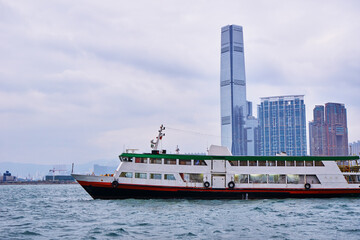 Famous ferry at Hong Kong harbour. Beautiful city view.