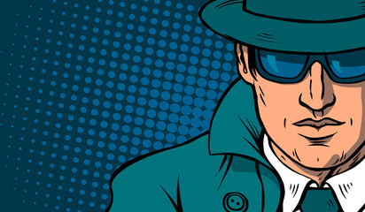 Man detective investigating. Dressed in a retro raincoat and hat. Wearing black glasses. Vector cartoon illustration pop art. Hand drawn outline