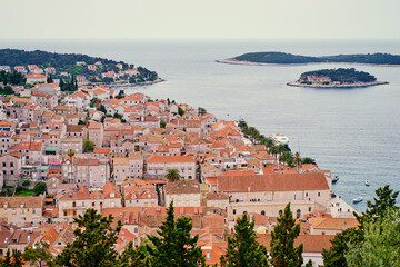 Beautiful view of Hvar old town on the sea shore.