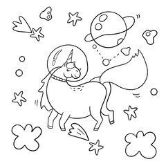Unicorn and space illuctration for coloring book.