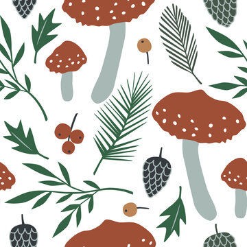 Seamless vector pattern with amanita mushrooms and forest plants