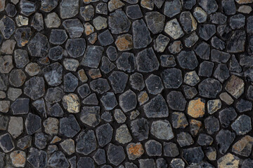 Dark grey outdoor building gravel material wall, Abstract black soil surface background, Rock...