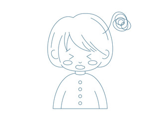 Outline sad cute girl. Vector line art female character concept with exhaustion emotion. Simple linear drawing illustration of sad monochrome person.