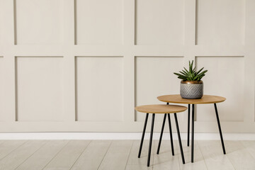 Tables with potted houseplant near empty wall indoors. Space for design