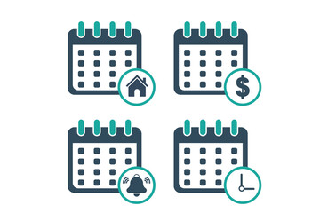 Finance calendar, time period, monthly payment, mortgage loan concept, real estate, bell reminder on white background for website, application, printing, document, poster design, etc. vector EPS10