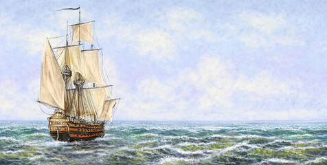 Old ship on the sea. Digital oil paintings sea landscape. Fine art, artwork © yaroslavartist