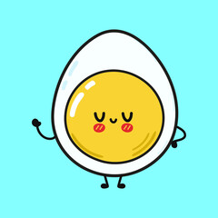 Cute funny egg waving hand character. Vector hand drawn cartoon kawaii character illustration icon. Isolated on blue background. Egg character concept