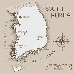 Obraz premium Vintage Map of South Korea. Hand drawn vector illustration.