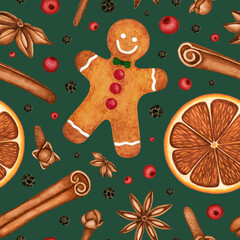 Watercolor Christmas Ginger Cookie and Hot Mulled Wine Spices seamless pattern. Holiday Gingerbread Man, orange slice, clove, anise, cinnamon. Hand drawn background for print, textile, wrapping paper