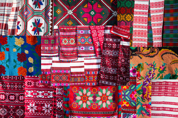 Slavic embroidered towels. National Ukrainian or Belarusian ethnic patterns on the fabric.