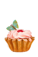 Cakes with protein cream decorated with a butterfly on a white plate. A beautiful sweet dessert.